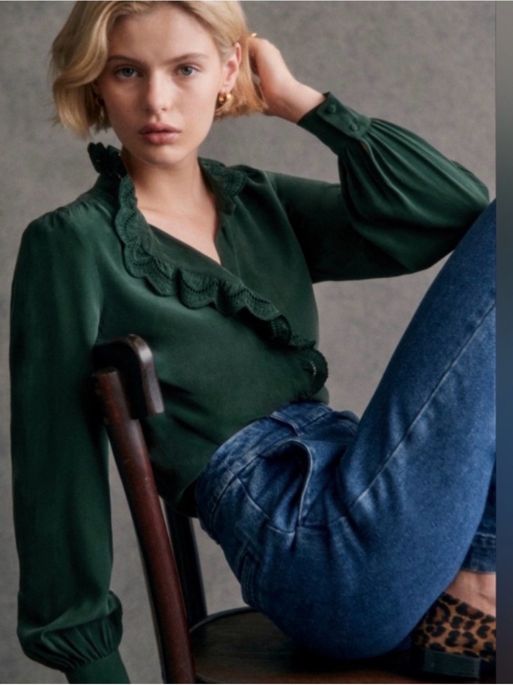 Sézane Chlo Silk Shirt Bottle Green Size 36 / US 4 NWT